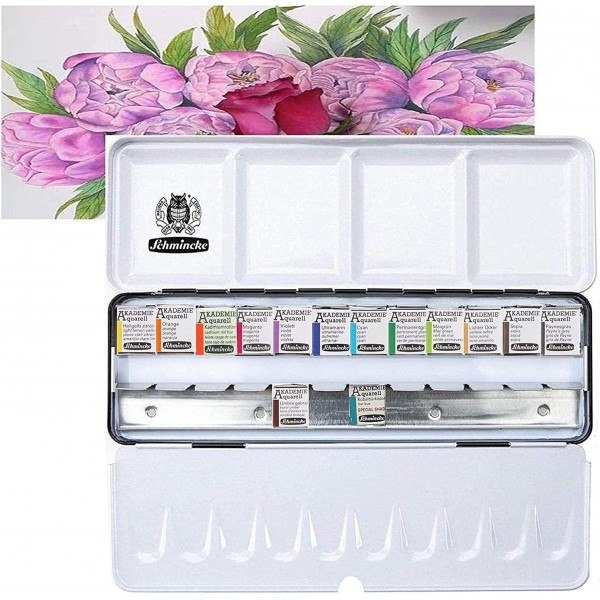 Schmincke Academy, 수채화 물감 상자, Hahnemühle Britannia 수채화 판지 매트가 있는 Davinci 브러시가 있는 기본 모음 14 x 1/2 팬, 300g/m², 17 x 24cm, 12장
