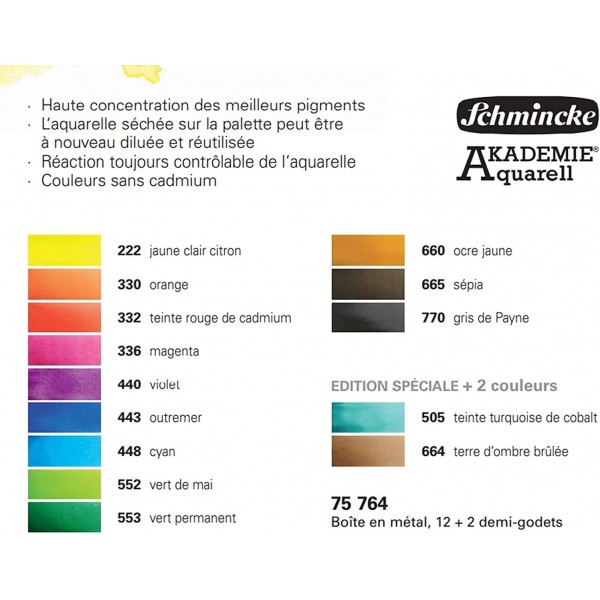 Schmincke Academy, 수채화 물감 상자, Hahnemühle Britannia 수채화 판지 매트가 있는 Davinci 브러시가 있는 기본 모음 14 x 1/2 팬, 300g/m², 17 x 24cm, 12장
