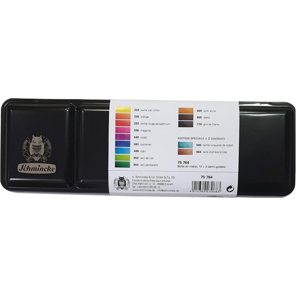 Schmincke Academy, 수채화 물감 상자, Hahnemühle Britannia 수채화 판지 매트가 있는 Davinci 브러시가 있는 기본 모음 14 x 1/2 팬, 300g/m², 17 x 24cm, 12장