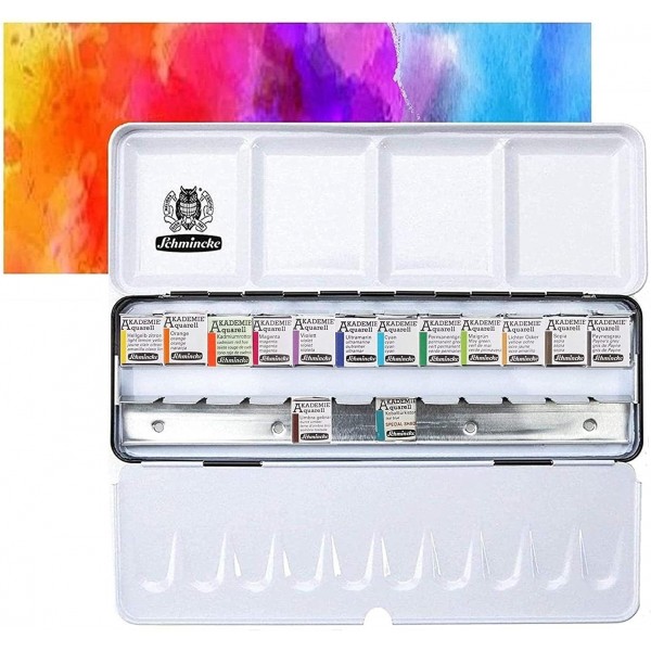 Schmincke Academy, 수채화 물감 상자, Hahnemühle Britannia 수채화 판지 매트가 있는 Davinci 브러시가 있는 기본 모음 14 x 1/2 팬, 300g/m², 17 x 24cm, 12장