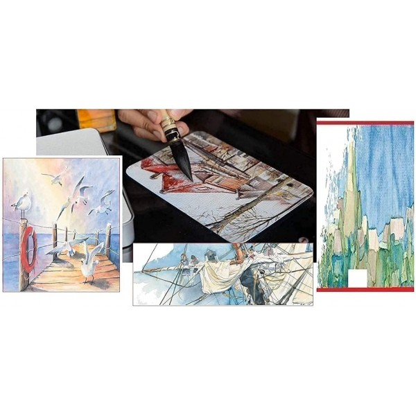 Schmincke Academy, 수채화 물감 상자, Hahnemühle Britannia 수채화 판지 매트가 있는 Davinci 브러시가 있는 기본 모음 14 x 1/2 팬, 300g/m², 17 x 24cm, 12장