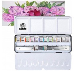 Schmincke Academy, 수채화 물감 상자, Hahnemühle Britannia 수채화 판지 매트가 있는 Davinci 브러시가 있는 기본 모음 14 x 1/2 팬, 300g/m², 17 x 24cm, 12장