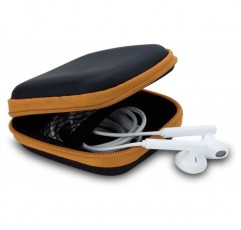 오렌지 색상의 Cadorabo 헤드폰 보관함 - 메쉬 수납공간과 헤드셋, 인이어 헤드폰 등을 수납할 수 있는 지퍼가 있는 치수 안정성이 뛰어난 정사각형의 견고한 가방 - 케