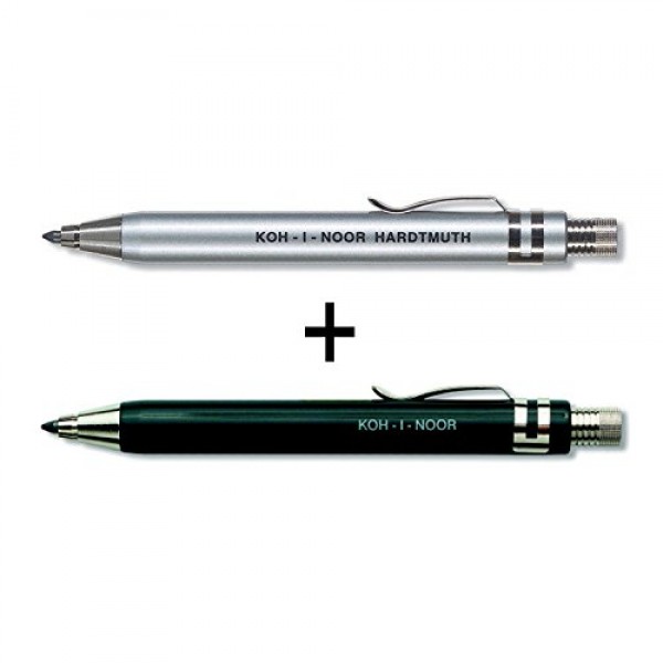 KOH-I-NOOR 5358 - 연필깎이와 클립이 포함된 금속 샤프펜슬 - 2개 세트 - 내 두께 3.2mm - 검정색과 은색