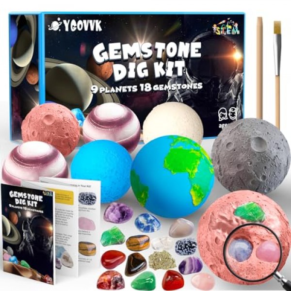 과학 발굴 키트, 6-12세 어린이를 위한 부활절 달걀 및 태양계 우주 장난감 9개 행성에서 18개의 실제 보석 발굴, STEM 교육 키트 고고학 지질학 소년 소녀를 위한 크리스
