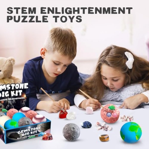 과학 발굴 키트, 6-12세 어린이를 위한 부활절 달걀 및 태양계 우주 장난감 9개 행성에서 18개의 실제 보석 발굴, STEM 교육 키트 고고학 지질학 소년 소녀를 위한 크리스