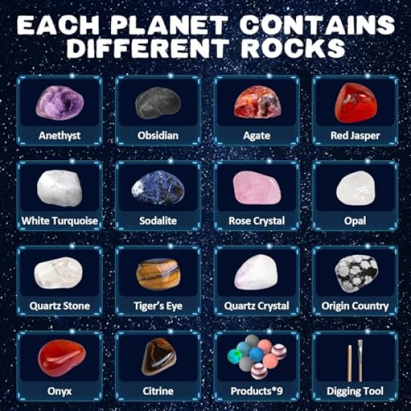 과학 발굴 키트, 6-12세 어린이를 위한 부활절 달걀 및 태양계 우주 장난감 9개 행성에서 18개의 실제 보석 발굴, STEM 교육 키트 고고학 지질학 소년 소녀를 위한 크리스