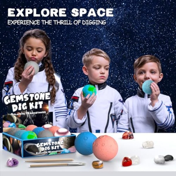 과학 발굴 키트, 6-12세 어린이를 위한 부활절 달걀 및 태양계 우주 장난감 9개 행성에서 18개의 실제 보석 발굴, STEM 교육 키트 고고학 지질학 소년 소녀를 위한 크리스
