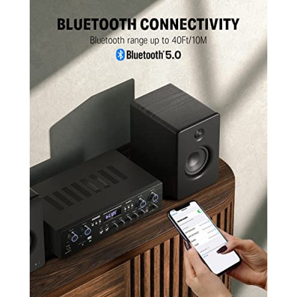 오디오 전력 증폭기 Bluetooth 5.0, Donner 440W 오디오 증폭기 4채널, 스테레오 수신기(USB, SD, FM, 2 마이크 입력 에코, RCA, LED, 스튜디오, 홈 시네마, MAMP5용)