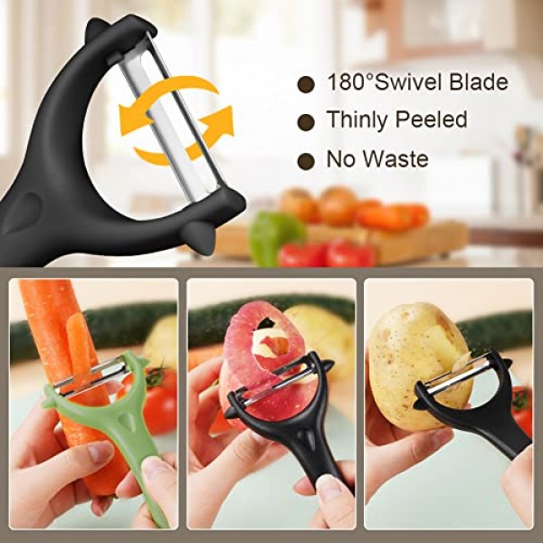 AUAUY 2PCS 감자 필러, Y자형 회전식 야채 필러, 주방용 과일 필러, 미끄럼 방지 그립 필러, 인체공학적 핸들 날카로운 블레이드 스테인레스 스틸 필러(녹색, 검정색)