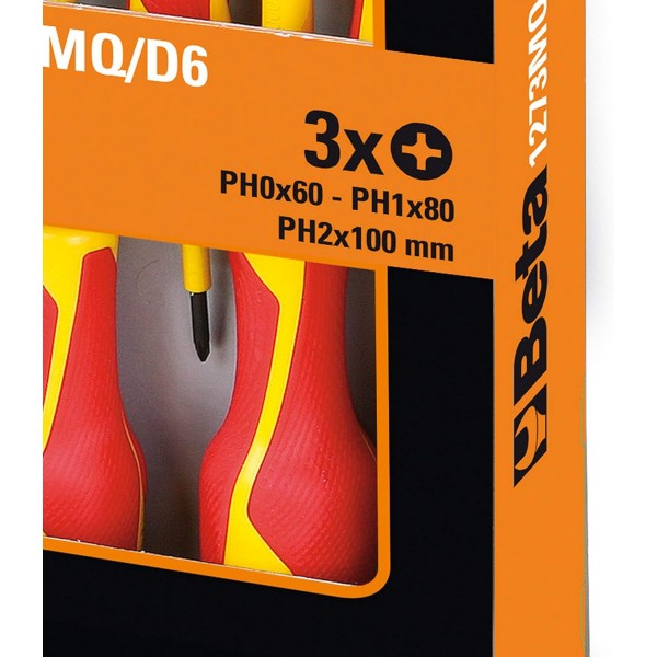 Beta 1273 MQ/D6-6 스크루드라이버 세트, 스크루드라이버 세트, (공구 세트 6종, 그립 포함, 3개의 일자형 및 Phillips, 내구성이 뛰어난 공구, 무게: 478g), 노란색/빨간색, 1273085