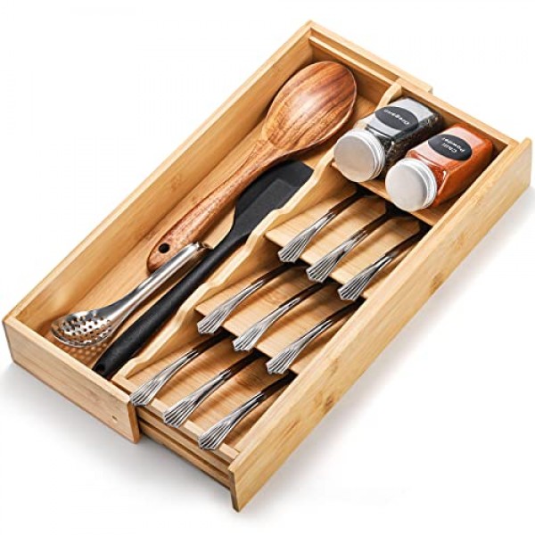 Fasmov 은식기 정리함 보관함, 대나무 컴팩트 기구 정리함, 플랫웨어 숟가락 포크를 들고 있는 주방 서랍용 칼붙이 확장형 정리함