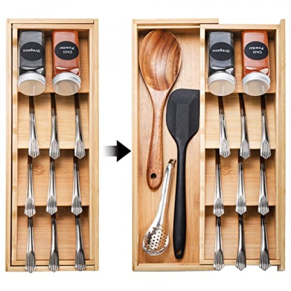 Fasmov 은식기 정리함 보관함, 대나무 컴팩트 기구 정리함, 플랫웨어 숟가락 포크를 들고 있는 주방 서랍용 칼붙이 확장형 정리함