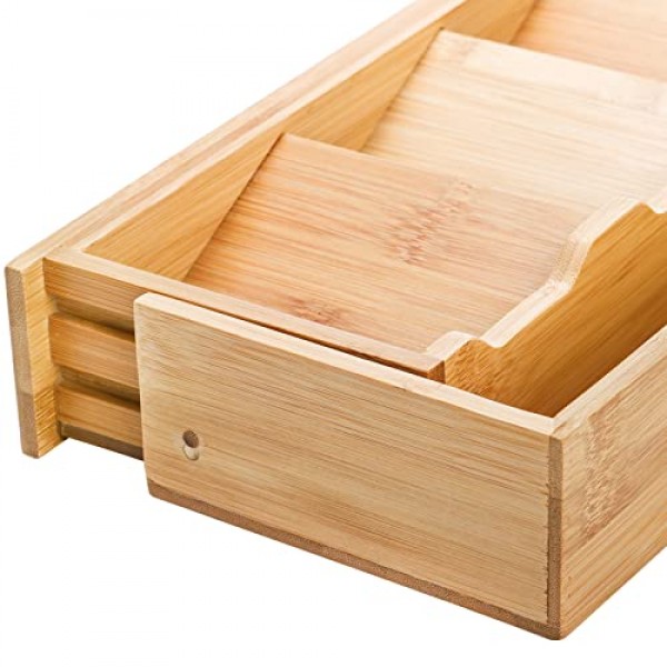 Fasmov 은식기 정리함 보관함, 대나무 컴팩트 기구 정리함, 플랫웨어 숟가락 포크를 들고 있는 주방 서랍용 칼붙이 확장형 정리함