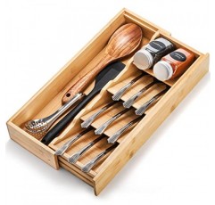 Fasmov 은식기 정리함 보관함, 대나무 컴팩트 기구 정리함, 플랫웨어 숟가락 포크를 들고 있는 주방 서랍용 칼붙이 확장형 정리함