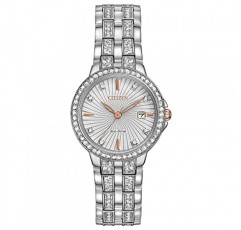 Citizen 여성용 실루엣 크리스탈 에코드라이브 시계, 바늘 3개 날짜, 스테인리스 스틸