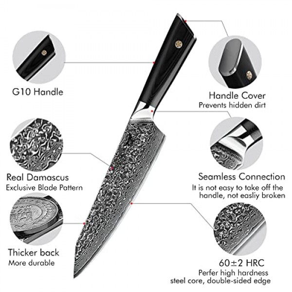 ONEONTA 셰프 나이프 - 일본 셰프 나이프 8인치 - 다마스커스 주방 칼 전문가용 - 일본 AUS-10V 강철, G10 핸들, 67레이어