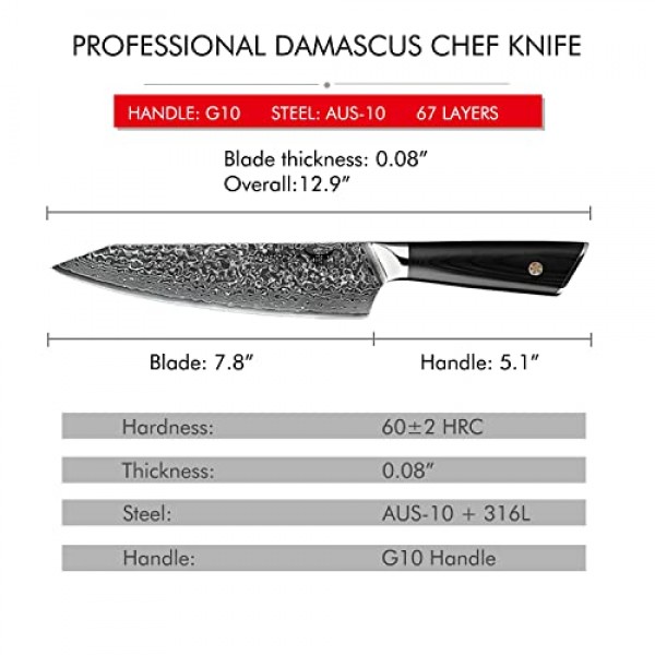 ONEONTA 셰프 나이프 - 일본 셰프 나이프 8인치 - 다마스커스 주방 칼 전문가용 - 일본 AUS-10V 강철, G10 핸들, 67레이어