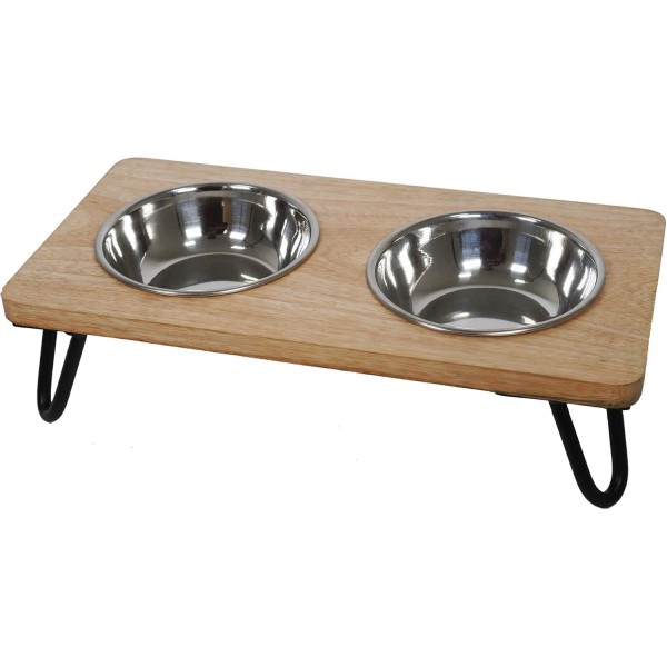 중소형 개와 고양이를 위한 Rosewood Raised Wooden Dog Bowl, 견고한 제기 스탠드와 2개의 스테인리스 스틸 물 및 음식 그릇, 중형