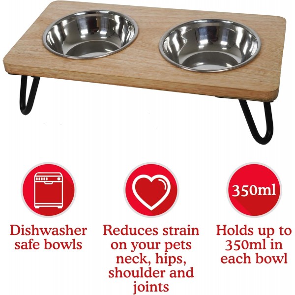 중소형 개와 고양이를 위한 Rosewood Raised Wooden Dog Bowl, 견고한 제기 스탠드와 2개의 스테인리스 스틸 물 및 음식 그릇, 중형