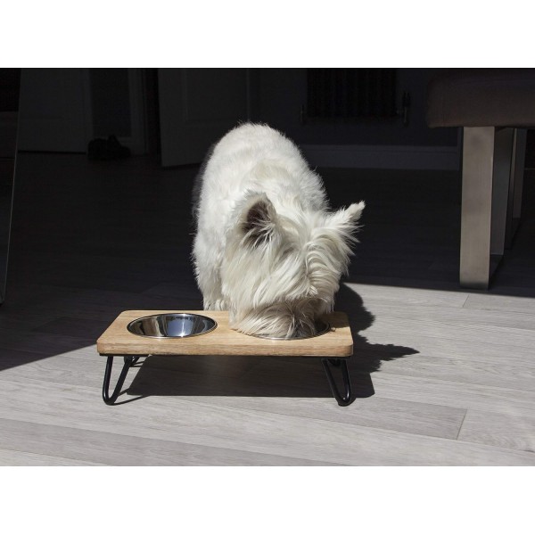 중소형 개와 고양이를 위한 Rosewood Raised Wooden Dog Bowl, 견고한 제기 스탠드와 2개의 스테인리스 스틸 물 및 음식 그릇, 중형