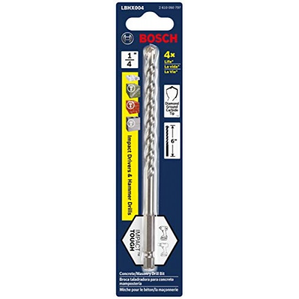 보쉬 1/4인치 X 6인치 육각 생크 해머 드릴 벽돌 비트 LBHX004