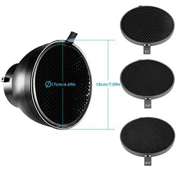 Bowens Mount 스튜디오 라이트 스트로브 플래시용 10/30/50도 벌집 그리드가 있는 Neewer 7인치/18cm 표준 반사경 디퓨저