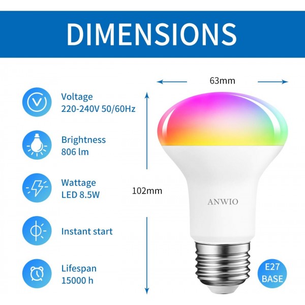 Alexa e27 스마트 전구, ANWIO R63 WiFi 디 밍이 가능한 스마트 반사판 LED 전구, E27 RGB Led 전구, 8.5W 교체 60Watt, 806LM, Alexa 및 Google 홈과 호환 가능, TUYA, 220-240V (4pcs) R63 Wif Colorful