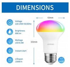 Alexa e27 스마트 전구, ANWIO R63 WiFi 디 밍이 가능한 스마트 반사판 LED 전구, E27 RGB Led 전구, 8.5W 교체 60Watt, 806LM, Alexa 및 Google 홈과 호환 가능, TUYA, 220-240V (4pcs) R63 Wif Colorful
