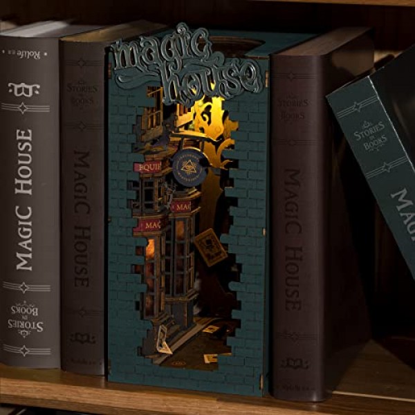 Rowood Book Nook 3D 나무 퍼즐, DIY 책장 삽입 장식 빌딩 세트 성인을위한 LED 조명이있는 모델 키트 Kids-Magic House