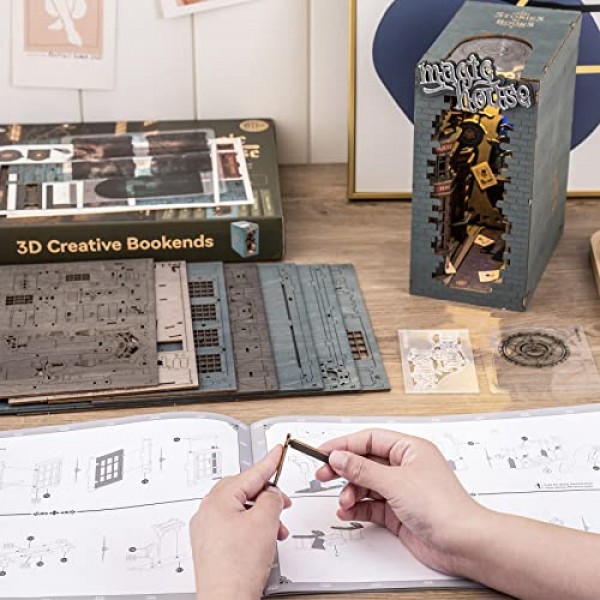 Rowood Book Nook 3D 나무 퍼즐, DIY 책장 삽입 장식 빌딩 세트 성인을위한 LED 조명이있는 모델 키트 Kids-Magic House