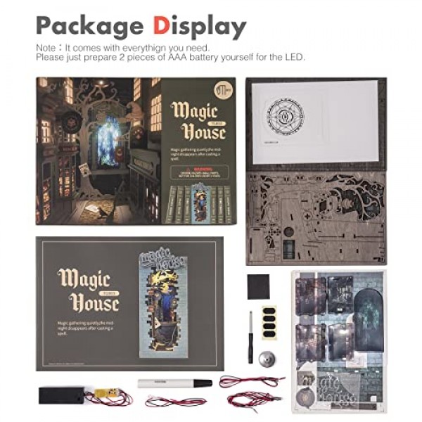 Rowood Book Nook 3D 나무 퍼즐, DIY 책장 삽입 장식 빌딩 세트 성인을위한 LED 조명이있는 모델 키트 Kids-Magic House