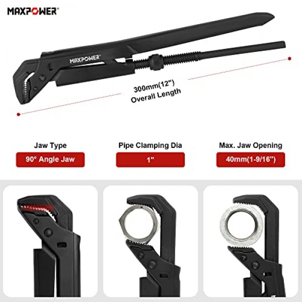 MAXPOWER 스웨덴 파이프 렌치, 12인치 조정 가능한 스웨덴 파이프 스패너 배관공 스패너 스틸슨(90° 각도 조 포함), 최대 개방 용량 1.5