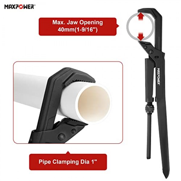 MAXPOWER 스웨덴 파이프 렌치, 12인치 조정 가능한 스웨덴 파이프 스패너 배관공 스패너 스틸슨(90° 각도 조 포함), 최대 개방 용량 1.5