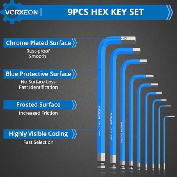 VORXEON 9PCS 알렌 렌치 육각 키 세트 1.5mm-10mm, 미터법 긴 볼 엔드 알렌 키 세트 자전거 오토바이 수리 가구 조립 가정용 DIY에 대한 보이는 코딩이있는 L 키