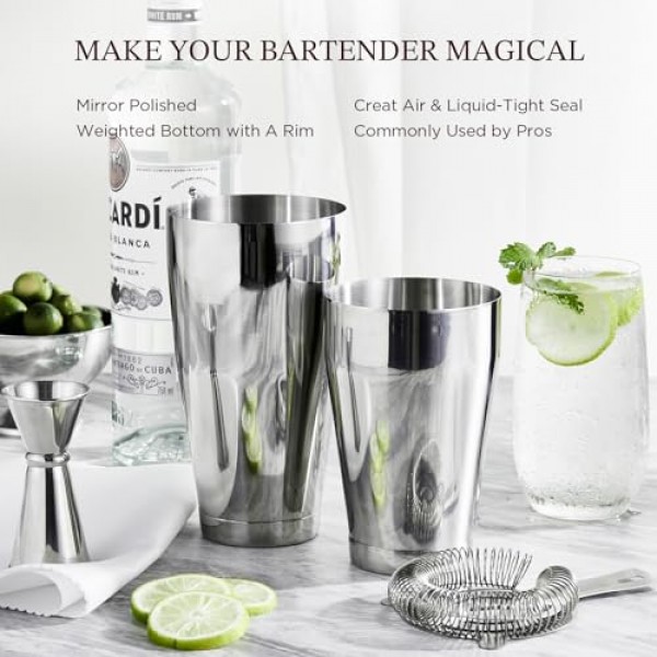 KITESSENSU 보스턴 칵테일 셰이커 세트, 4피스 보스턴 셰이커 통 바텐더 키트, 18온스 및 28온스 혼합 음료 셰이커, 호손 스트레이너, 이중 측정 지거, 칵테일 레시피 카드 