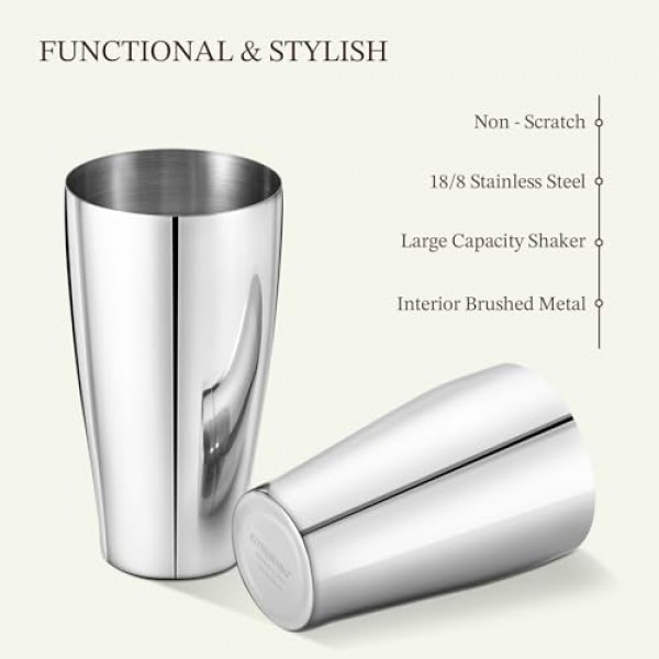 KITESSENSU 보스턴 칵테일 셰이커 세트, 4피스 보스턴 셰이커 통 바텐더 키트, 18온스 및 28온스 혼합 음료 셰이커, 호손 스트레이너, 이중 측정 지거, 칵테일 레시피 카드 