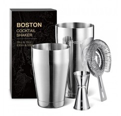 KITESSENSU 보스턴 칵테일 셰이커 세트, 4피스 보스턴 셰이커 통 바텐더 키트, 18온스 및 28온스 혼합 음료 셰이커, 호손 스트레이너, 이중 측정 지거, 칵테일 레시피 카드 