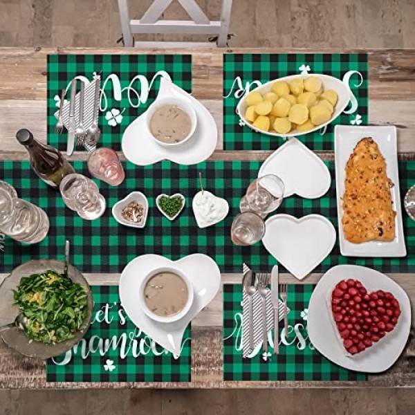 성 패트릭의 날 테이블 러너 플레이스 매트 7개, 식탁용 토끼풀 해피 홀리데이 장식, 아일랜드 파티용 빈티지 소박한 농가 행운의 테이블 매트 세트(복고풍 스타일)