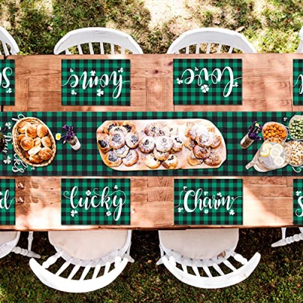 성 패트릭의 날 테이블 러너 플레이스 매트 7개, 식탁용 토끼풀 해피 홀리데이 장식, 아일랜드 파티용 빈티지 소박한 농가 행운의 테이블 매트 세트(복고풍 스타일)