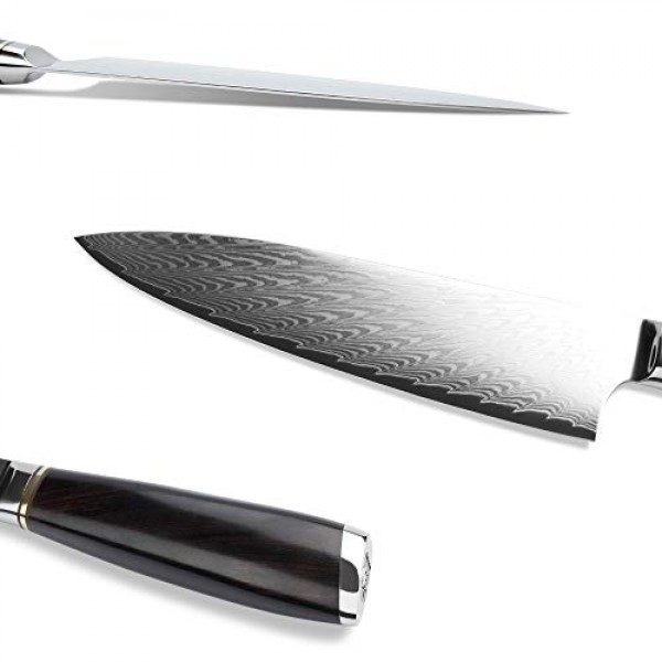 Sunlong 요리사의 칼 8 인치 Gyuto 일본 다마스커스 천연 납나무 손잡이 호두 나무 칼집 플란넬 칼 가방