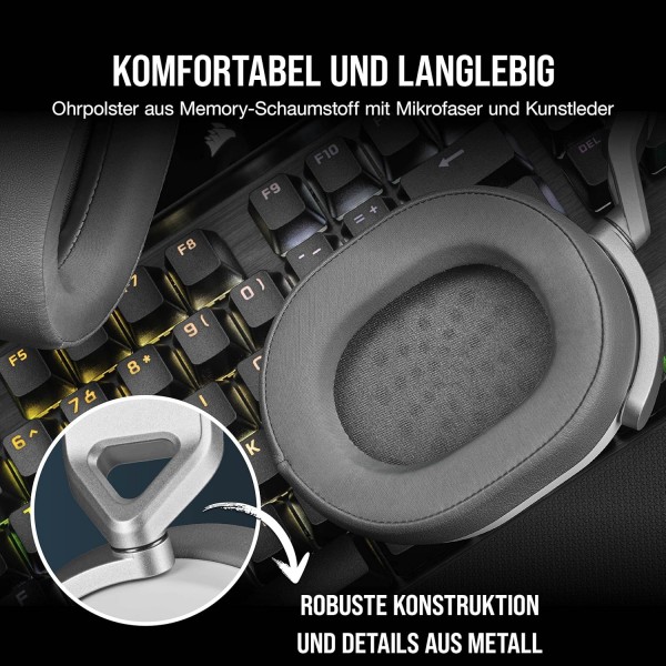 Corsair HS65 서라운드 게임용 헤드셋(인조 가죽 메모리 폼 이어컵, PC 및 Mac용 Dolby Audio 7.1 서라운드 사운드, SonarWorks SoundID, 다중 플랫폼 호환성) 흰색, 원 사이즈 HS65 SURROU