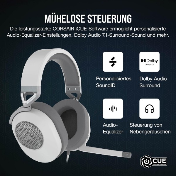 Corsair HS65 서라운드 게임용 헤드셋(인조 가죽 메모리 폼 이어컵, PC 및 Mac용 Dolby Audio 7.1 서라운드 사운드, SonarWorks SoundID, 다중 플랫폼 호환성) 흰색, 원 사이즈 HS65 SURROU