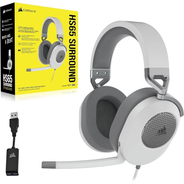 Corsair HS65 서라운드 게임용 헤드셋(인조 가죽 메모리 폼 이어컵, PC 및 Mac용 Dolby Audio 7.1 서라운드 사운드, SonarWorks SoundID, 다중 플랫폼 호환성) 흰색, 원 사이즈 HS65 SURROU