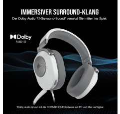 Corsair HS65 서라운드 게임용 헤드셋(인조 가죽 메모리 폼 이어컵, PC 및 Mac용 Dolby Audio 7.1 서라운드 사운드, SonarWorks SoundID, 다중 플랫폼 호환성) 흰색, 원 사이즈 HS65 SURROU