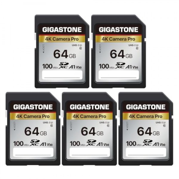 Gigastone 64GB 5팩 SD 카드 V30 SDXC 메모리 카드 Canon Nikon Sony Pentax Kodak Olympus Panasonic 디지털 카메라와 호환되는 고속 4K Ultra HD UHD 비디오, 미니 케이스 5개 포함