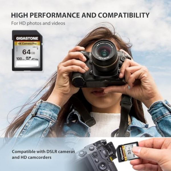 Gigastone 64GB 5팩 SD 카드 V30 SDXC 메모리 카드 Canon Nikon Sony Pentax Kodak Olympus Panasonic 디지털 카메라와 호환되는 고속 4K Ultra HD UHD 비디오, 미니 케이스 5개 포함
