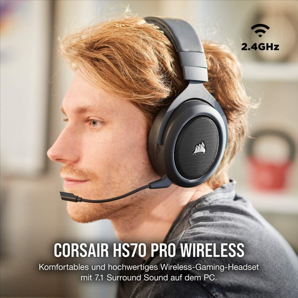 Corsair HS70 Pro 무선 게임용 헤드셋(7.1 서라운드 사운드, 초저지연, 12미터 범위, 깃털처럼 가벼운 디자인, 탈착식 소음 제거 마이크, PC 및 PS4용) 카본, 블랙