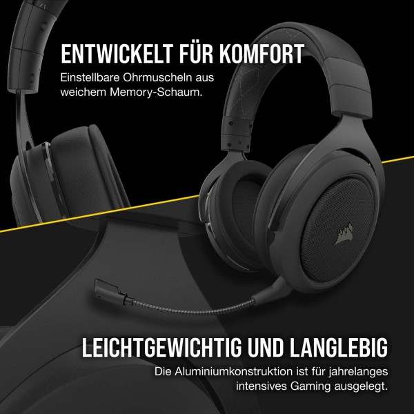 Corsair HS70 Pro 무선 게임용 헤드셋(7.1 서라운드 사운드, 초저지연, 12미터 범위, 깃털처럼 가벼운 디자인, 탈착식 소음 제거 마이크, PC 및 PS4용) 카본, 블랙