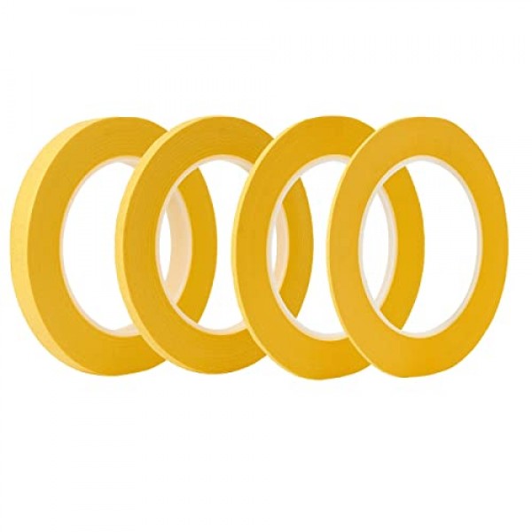 4롤 가는 라인 테이프(노란색), 1/16, 1/8, 1/4 및 1/2인치 폭 x 52야드 길이의 가는 라인 마스킹 테이프, DIY 자동차 자동 페인트 아트용 자동차 마스킹 테이프